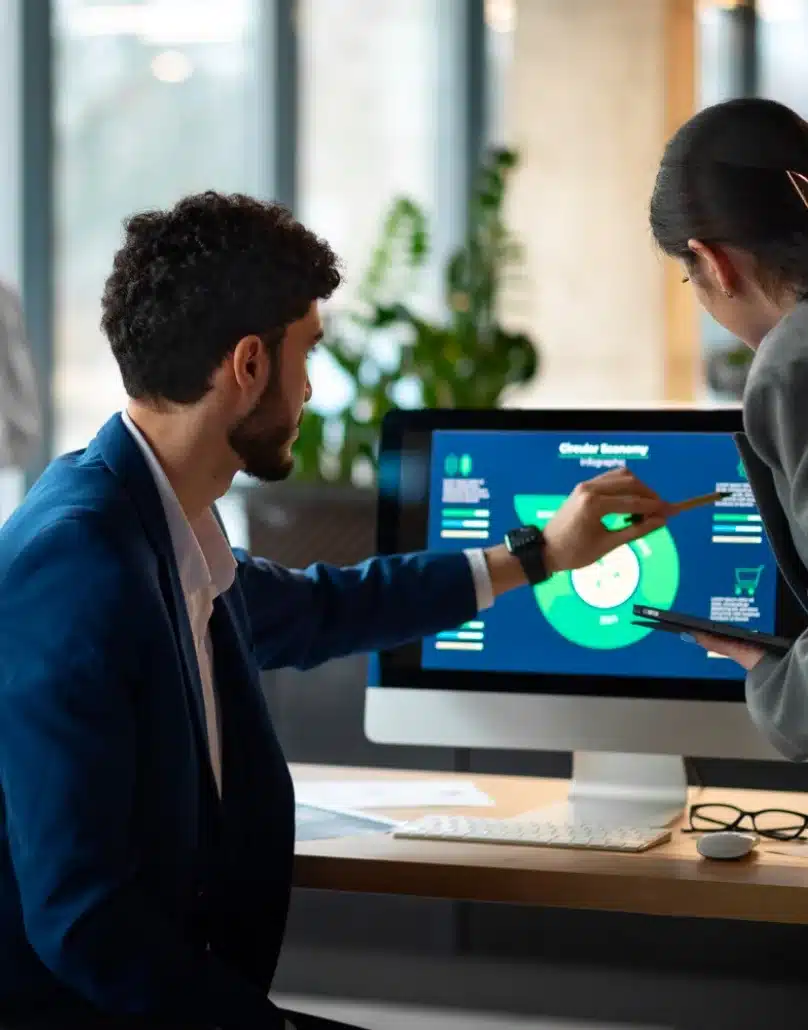 A sales employee presenting data in desktop